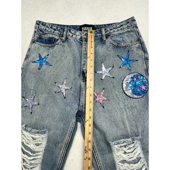LF Taigwah Jeans Size 12 Star And Moon Denim Distressed Sequined - Picture 6 of 9